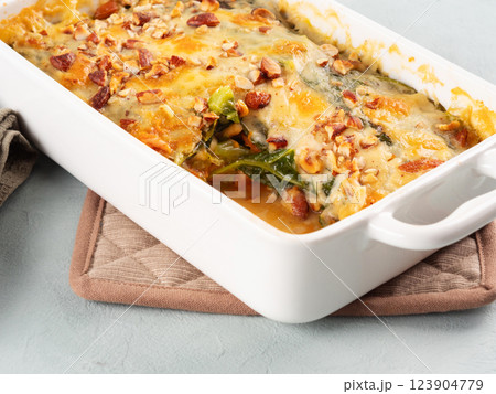 Baked squash and savoy cabbage casserole vegetarian lasagna 123904779