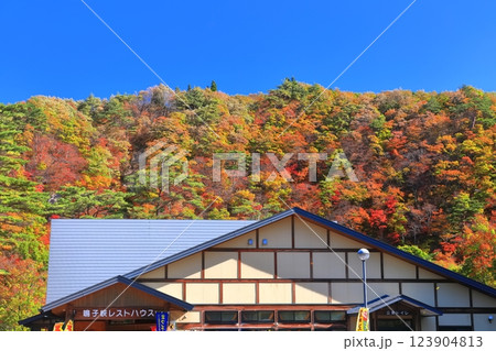 【宮城県】快晴の鳴子峡レストハウスと紅葉 123904813