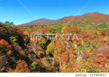 【宮城県】快晴の鳴子峡の紅葉 123904817