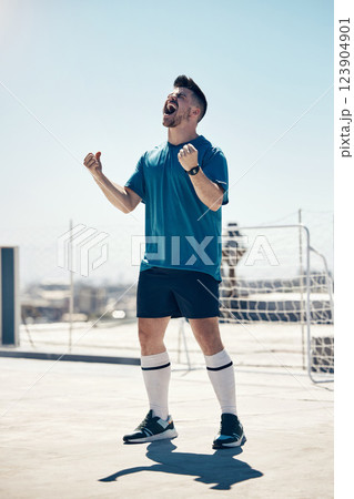 Football, soccer player and athlete man in celebration after winning or scoring a goal at sports match or game in the city. Celebrate, win and champion player happy about performance in urban sport Football, soccer player and athlete man in celebration after winning or scoring a goal at sports match or game in the city. Celebrate, win and champion player happy about performance in urban sport 123904901