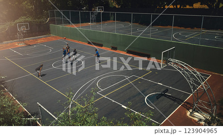 Basketball, outdoor court and athlete men showing energy in ball sports competition or game for fitness and training. Above view, exercise and sport with community people playing streetball together Basketball, outdoor court and athlete men showing energy in ball sports competition or game for fitness and training. Above view, exercise and sport with community people playing streetball together 123904965