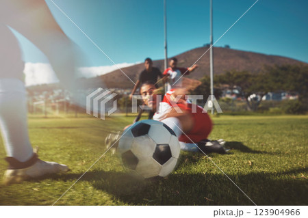 Soccer, ball and slide challenge in game with men team on a grass field with sport man together. Football, fitness and sports people with strong, fast and competition during exercise or training 123904966