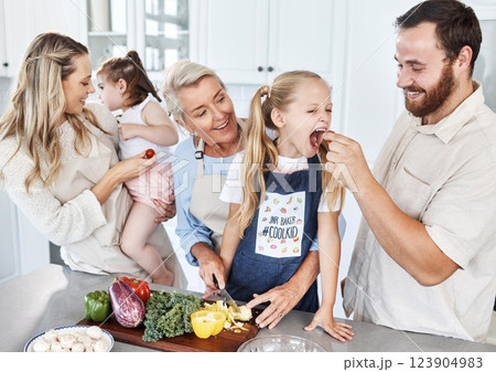 Family, feeding and tomato with a girl and father eating a health snack in the kitchen of their home while cooking together. Food, health and diet with a man giving his daughter a healthy snack Family, feeding and tomato with a girl and father eating a health snack in the kitchen of their home while cooking together. Food, health and diet with a man giving his daughter a healthy snack 123904983