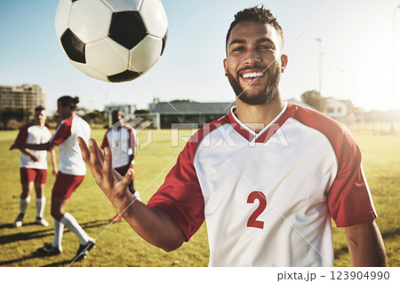 Real soccer, team training on field and man with ball play competitive summer match on natural grass pitch. Professional football sports game, fitness exercise together and workout outside in Brazil 123904990