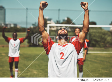 Soccer, football or team sports for winner, celebration or winning team after scoring goal in match, game or champion. Diverse group of fitness, success and athletic men, man or excited friends 123905007