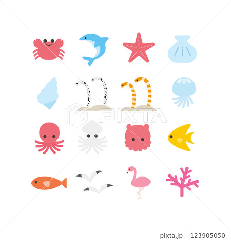 海の生きものアイコンセット：かわいい海の仲間たちのベクターイラスト 123905050