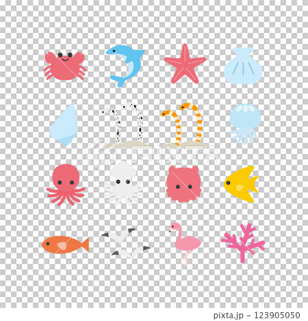 海の生きものアイコンセット：かわいい海の仲間たちのベクターイラスト 123905050