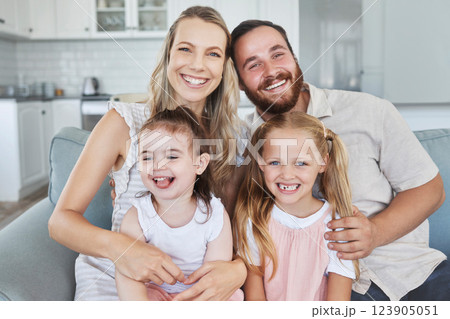 Love, big family and portrait smile on sofa relax in happiness for bonding and time together in home. Happy parents, couch and girl children care in comfort and relaxing on living room in house 123905051