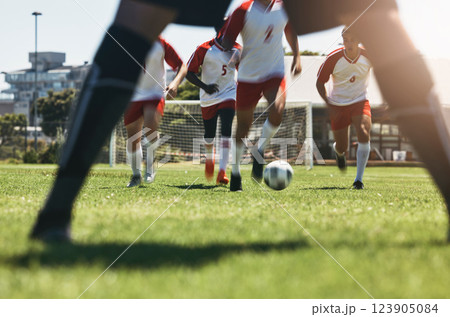 Soccer, team and running for goal in sports motivation and competitive match or game on the field. Athletic football players in teamwork charging opposing side for victory, score or point outside Soccer, team and running for goal in sports motivation and competitive match or game on the field. Athletic football players in teamwork charging opposing side for victory, score or point outside 123905084
