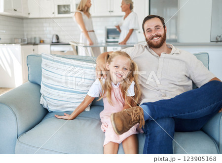 Relax, father and child on the sofa in the living room of their house together. Portrait of happy, excited and young girl with care and affection from her dad while bonding on the couch in the lounge 123905168