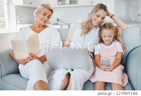 Granny, mother and child bonding, happy and smile in the living room with book, laptop and smartphone on couch. Grandmother, mama and girl have fun, playing and being together in lounge on sofa Granny, mother and child bonding, happy and smile in the living room with book, laptop and smartphone on couch. Grandmother, mama and girl have fun, playing and being together in lounge on sofa 123905188