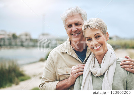 Senior couple, portrait smile and retirement in love for holiday bonding in happy marriage together in nature. Elderly man and woman smiling in health, wellness and care for family lifestyle outdoors 123905200