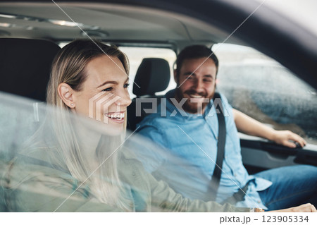 Couple, happy and road trip car travel of people with a smile using motor transportation. Happiness, love and relax traveling drive experience of a girlfriend and boyfriend together ready for holiday 123905334