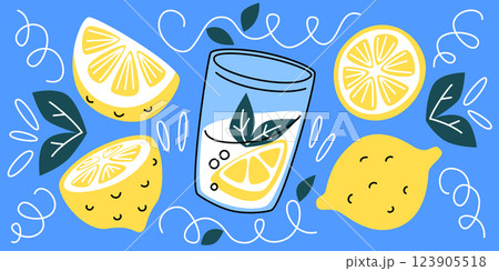 Lemon beverage doodle set - cartoon lemonade glass Lemon beverage doodle set - cartoon lemonade glass 123905518