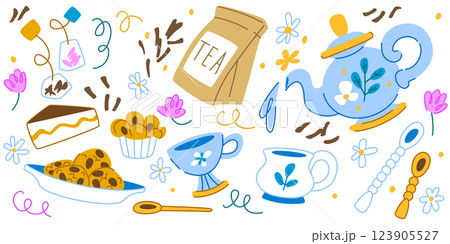 Risograph style tea time illustration set 123905527