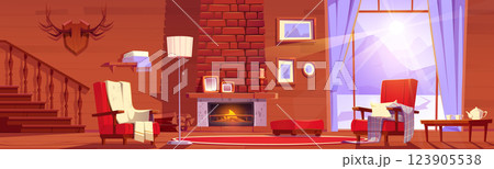 Cozy chalet living room with fireplace Cozy chalet living room with fireplace 123905538