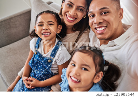 Top view, children and family selfie on relax sofa in Mexico house or home living room for social media. Smile, happy or bonding man, woman and foster kids in mother and father portrait photography Top view, children and family selfie on relax sofa in Mexico house or home living room for social media. Smile, happy or bonding man, woman and foster kids in mother and father portrait photography 123905544