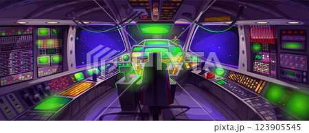Spaceship cockpit interior with control panel Spaceship cockpit interior with control panel 123905545