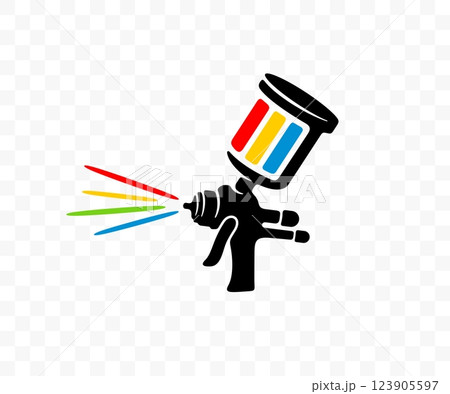 Hand holds paint sprayer or paint gun, spray gun with paint, graphic design. Painting, sprayer and airbrush, vector design and illustration 123905597