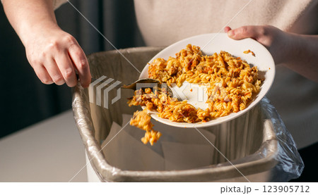 Woman throwing away food leftovers into garbage bin trash. Scraping food with spoon. Compost from leftover food. Environmentally responsible, reducing pollution. Woman throwing away food leftovers into garbage bin trash. Scraping food with spoon. Compost from leftover food. Environmentally responsible, reducing pollution. 123905712