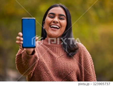 Nature, green screen and woman with mockup smartphone space for social media online marketing. Blue screen, digital contact and happy garden girl with mobile cellphone for social network advertising 123905737