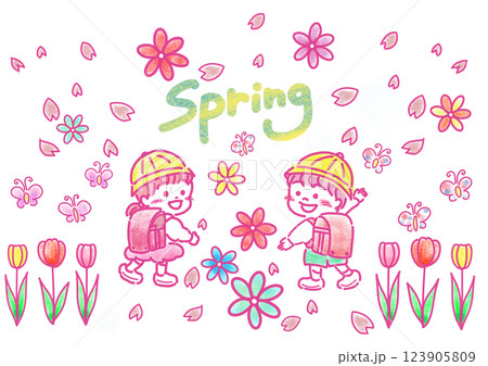 春_桜と入学したての小学生とチューリップにお花 123905809