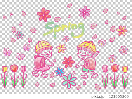 春_桜と入学したての小学生とチューリップにお花 123905809