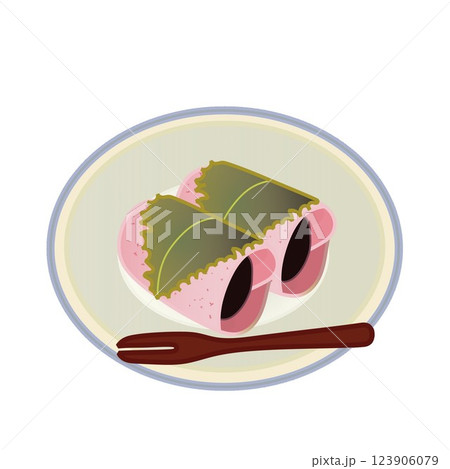 小皿に盛られた関東風桜餅のイラスト 123906079