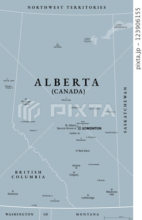 Alberta, province of Canada, gray political map with boundaries, cities, rivers and lakes. Part of Western Canada and one of the prairie provinces, with capital Edmonton and largest city Calgary. 123906155