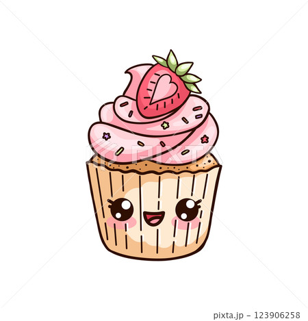Appetizing kawaii cupcake with pink cream and sweet strawberries on top. Vector illustration in cartoon kawaii style on white background. Cute dessert and sweet pastry for menu, cafe, recipes, bakery 123906258
