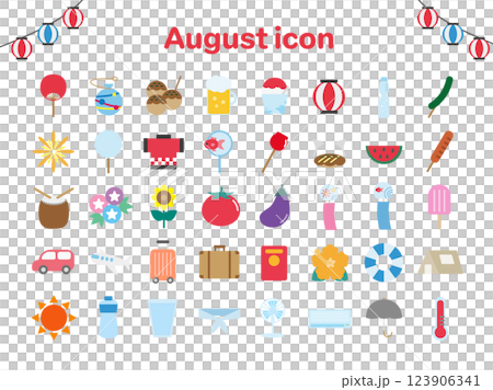 8月のイベントアイコンセット:夏休みのベクターイラスト 8月のイベントアイコンセット:夏休みのベクターイラスト 123906341