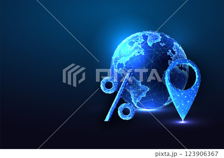 Global tariffs, trade, and taxation abstract concept with Earth, percentage symbol, location pin 123906367