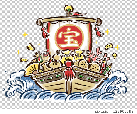 宝物がつまった宝船と大波　筆タッチ手描きイラスト 123906398