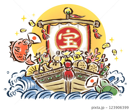 黄金に輝く宝船と扇子を持った鯛と亀　筆タッチ手描きイラスト 123906399