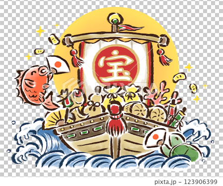 金色寶船和鯛魚以及拿著折扇的烏龜-手繪插圖 123906399