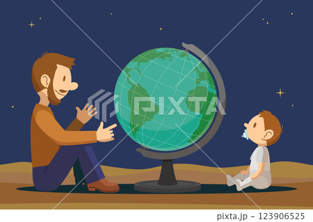 地球儀の前で、父が赤ちゃんに地球の歴史や環境問題などについて教えているシーンを表したベクターイラスト 123906525