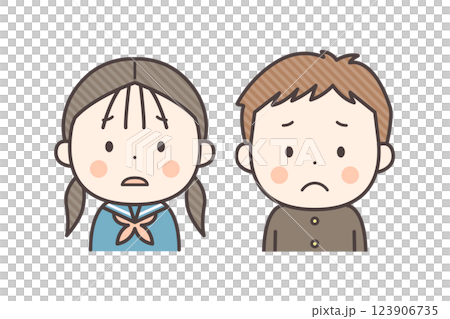 身穿校服、帶著苦惱的男孩和女孩的上半身插圖 身穿校服、帶著苦惱的男孩和女孩的上半身插圖 123906735