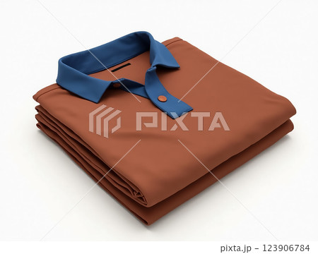 Folded brown polo shirt with blue collar placed neatly on a flat surface in a well-lit room 123906784