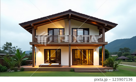 Modern two-story house with outdoor space set against a mountain backdrop during twilight Modern two-story house with outdoor space set against a mountain backdrop during twilight 123907136
