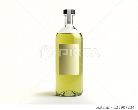 Unique glass bottle filled with light green liquid showcasing minimalistic design on a plain background 123907234