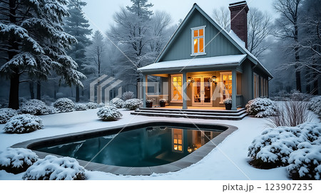Cozy winter retreat featuring a charming house surrounded by snow-covered trees and a serene pool under a gray sky Cozy winter retreat featuring a charming house surrounded by snow-covered trees and a serene pool under a gray sky 123907235