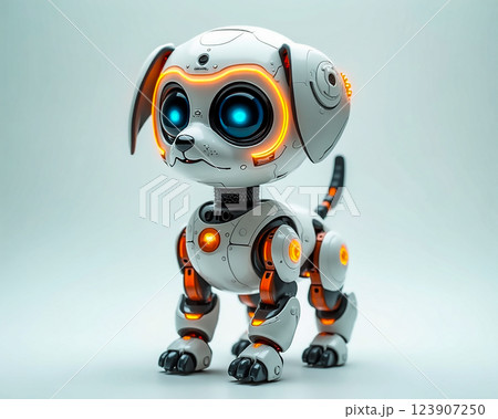 Innovative robotic dog toy with glowing eyes and modern design in a neutral background 123907250