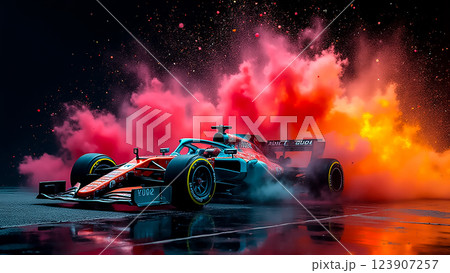 High-speed racing car performing a stunning drift with colorful smoke at night in an urban setting 123907257