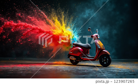 Colorful explosion of powder around a vintage scooter on a dark background during a vibrant celebration 123907265