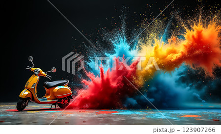 Vibrant scooter with colorful powder explosion creates an artistic backdrop in a creative setting 123907266