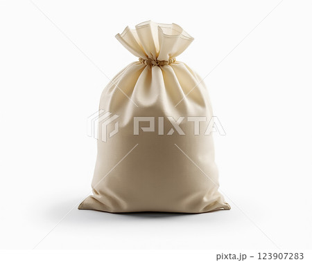 Fabric bag filled with goods displayed on a plain background emphasizing simplicity and utility 123907283