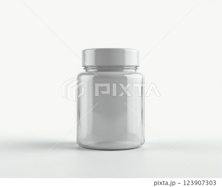 Clear glass jar with a white lid placed on a plain white background for versatile storage and display options Clear glass jar with a white lid placed on a plain white background for versatile storage and display options 123907303