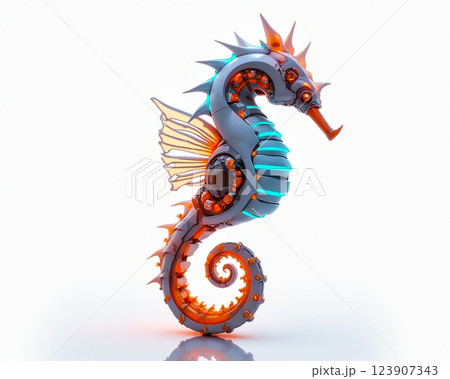 Colorful robotic seahorse design combining marine life features with futuristic elements in a creative artistic representation 123907343