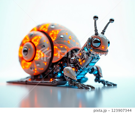 Colorful robot snail with intricate patterns and glowing features explores a futuristic landscape 123907344