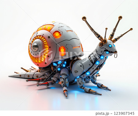 Mechanical snail with glowing features showcases innovative design and technology in futuristic art 123907345